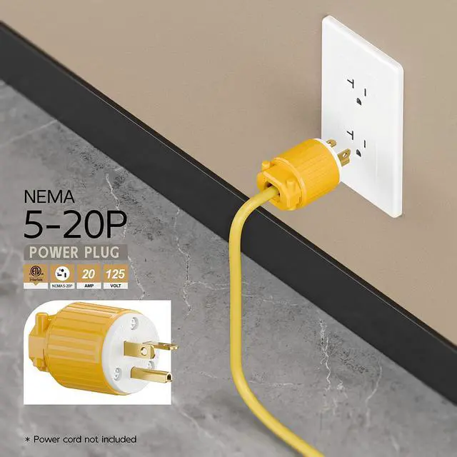 Alt view image 6 of 6 - Nema 5-20P 20Amp 125Volt Plug, ETL Listed Heavy Duty Rewireable 20A/125Volt USA Canada 3-Prong Male Straight Blade Connector, 20Amp AC Industrial Grade Cord End Plug, Yellow Color