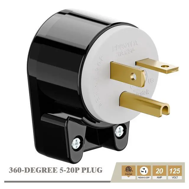 Alt view image 2 of 6 - USA 3-Prong Male AC Plug, Right Angle ETL Nema 5-20P 3 Pole DIY Rewirable, 20A 125V USA 3Pin AC Connector, 12 Direction Rotatable Plug (1, Black/White)