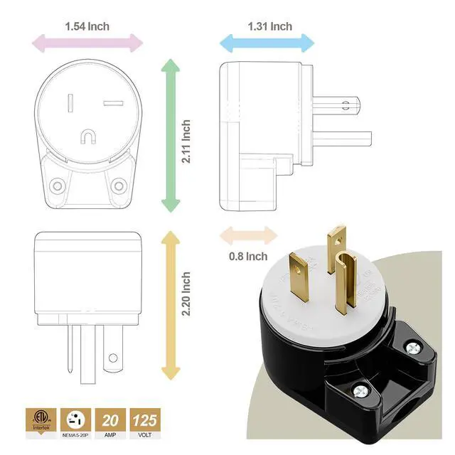 Alt view image 3 of 6 - USA 3-Prong Male AC Plug, Right Angle ETL Nema 5-20P 3 Pole DIY Rewirable, 20A 125V USA 3Pin AC Connector, 12 Direction Rotatable Plug (1, Black/White)