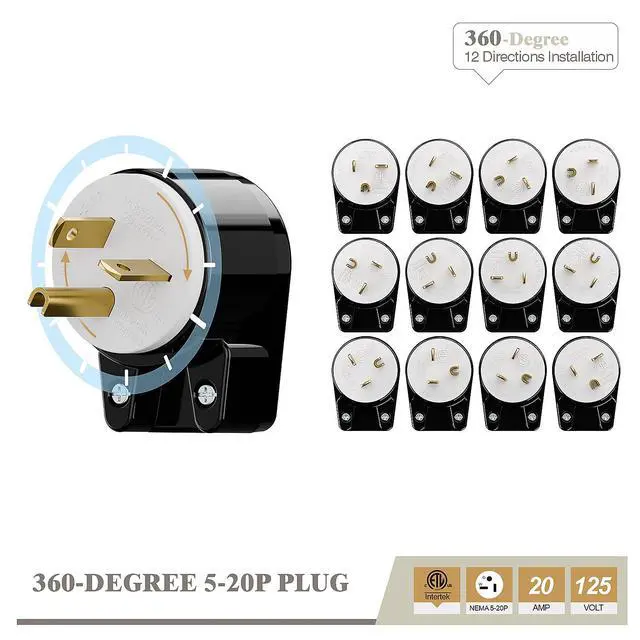 Alt view image 4 of 6 - USA 3-Prong Male AC Plug, Right Angle ETL Nema 5-20P 3 Pole DIY Rewirable, 20A 125V USA 3Pin AC Connector, 12 Direction Rotatable Plug (1, Black/White)