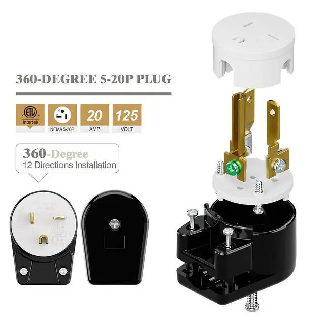 Alt view image 5 of 6 - USA 3-Prong Male AC Plug, Right Angle ETL Nema 5-20P 3 Pole DIY Rewirable, 20A 125V USA 3Pin AC Connector, 12 Direction Rotatable Plug (1, Black/White)