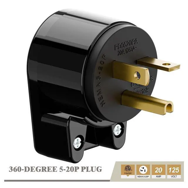 Alt view image 2 of 6 - USA 3-Prong Male AC Plug, Right Angle ETL Nema 5-20P 3 Pole DIY Rewirable, 20A 125V USA 3Pin AC Connector, 12 Direction Rotatable Plug (1, Black)