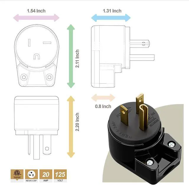 Alt view image 3 of 6 - USA 3-Prong Male AC Plug, Right Angle ETL Nema 5-20P 3 Pole DIY Rewirable, 20A 125V USA 3Pin AC Connector, 12 Direction Rotatable Plug (1, Black)