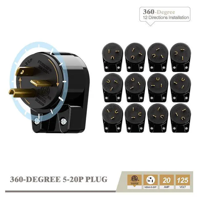 Alt view image 4 of 6 - USA 3-Prong Male AC Plug, Right Angle ETL Nema 5-20P 3 Pole DIY Rewirable, 20A 125V USA 3Pin AC Connector, 12 Direction Rotatable Plug (1, Black)