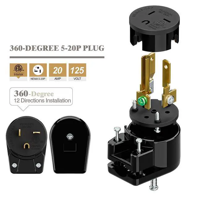 Alt view image 5 of 6 - USA 3-Prong Male AC Plug, Right Angle ETL Nema 5-20P 3 Pole DIY Rewirable, 20A 125V USA 3Pin AC Connector, 12 Direction Rotatable Plug (1, Black)