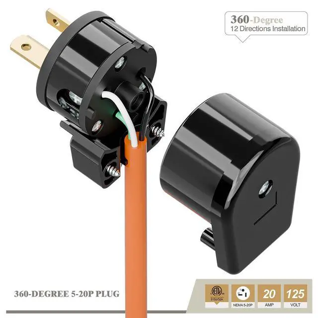 Alt view image 6 of 6 - USA 3-Prong Male AC Plug, Right Angle ETL Nema 5-20P 3 Pole DIY Rewirable, 20A 125V USA 3Pin AC Connector, 12 Direction Rotatable Plug (1, Black)