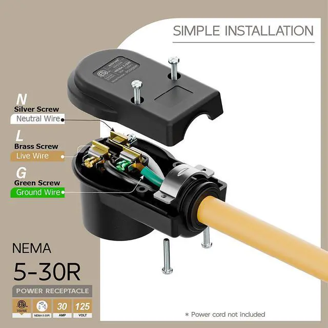 Alt view image 4 of 7 - NEMA 5-30R Socket, 5-30 Female Connector, (ETL Certified) 30Amp 125Volt Heavy Duty Receptacle, Black Color.