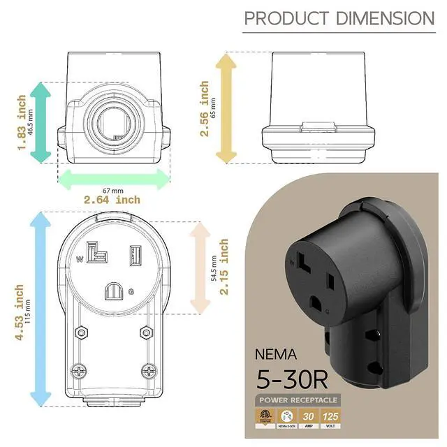 Alt view image 5 of 7 - NEMA 5-30R Socket, 5-30 Female Connector, (ETL Certified) 30Amp 125Volt Heavy Duty Receptacle, Black Color.