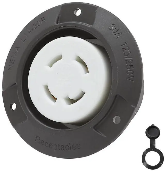Main image of Nema L14-30R Flanged Outlet with Waterproof Cover, 14-30R Lock in 3 Pole 4 Wire 30AMP 125/250V Female Receptacle, ETL Verified Nema L14-30R Outlet Black Color