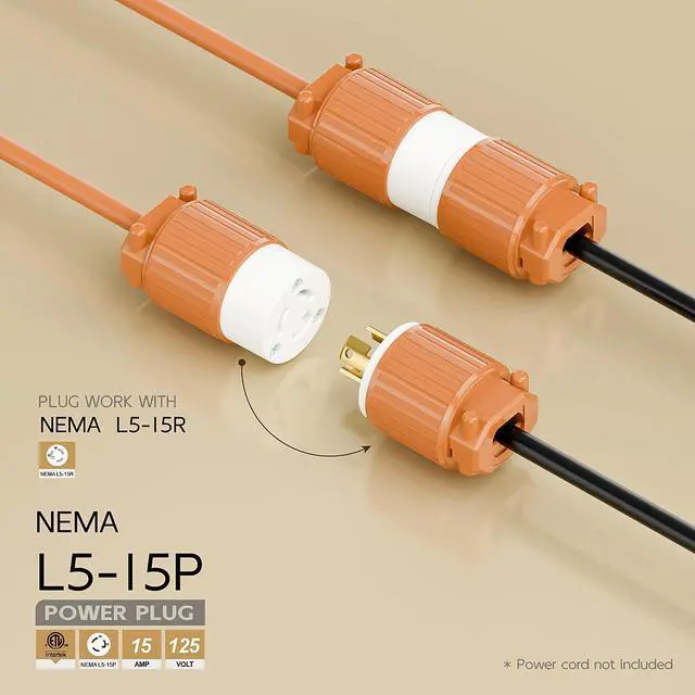 Alt view image 2 of 6 - NEMA L5-15P Twist Lock Male Plug, ETL/cETL Listed 15A 125V Rewireable Generator Connector, UL94-V0 Nylon Brass, Fits 12/14/16AWG SJT/SVT Cord, Orange Industrial Plug