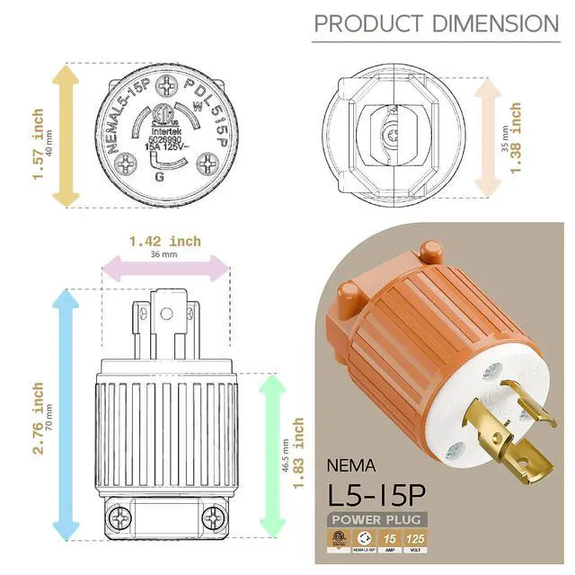 Alt view image 5 of 6 - NEMA L5-15P Twist Lock Male Plug, ETL/cETL Listed 15A 125V Rewireable Generator Connector, UL94-V0 Nylon Brass, Fits 12/14/16AWG SJT/SVT Cord, Orange Industrial Plug