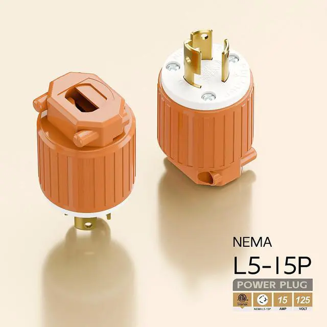 Alt view image 4 of 6 - NEMA L5-15P Twist Lock Male Plug, ETL/cETL Listed 15A 125V Rewireable Generator Connector, UL94-V0 Nylon Brass, Fits 12/14/16AWG SJT/SVT Cord, Orange Industrial Plug
