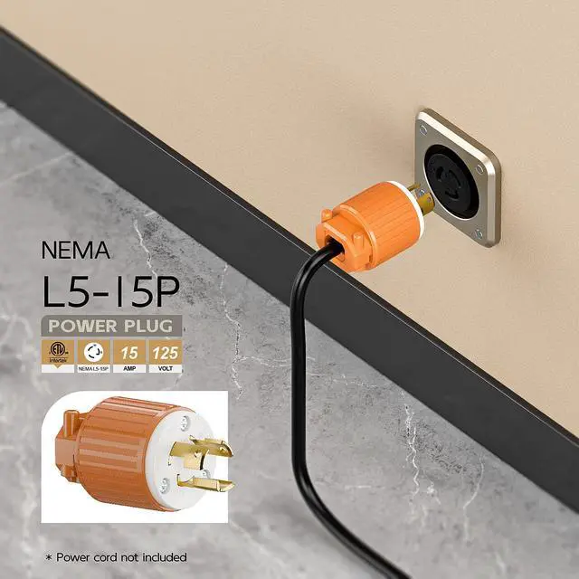 Alt view image 6 of 6 - NEMA L5-15P Twist Lock Male Plug, ETL/cETL Listed 15A 125V Rewireable Generator Connector, UL94-V0 Nylon Brass, Fits 12/14/16AWG SJT/SVT Cord, Orange Industrial Plug