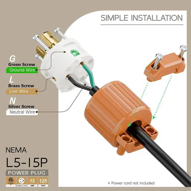 Alt view image 3 of 6 - NEMA L5-15P Twist Lock Male Plug, ETL/cETL Listed 15A 125V Rewireable Generator Connector, UL94-V0 Nylon Brass, Fits 12/14/16AWG SJT/SVT Cord, Orange Industrial Plug