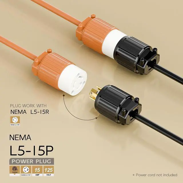 Alt view image 2 of 6 - NEMA L5-15P Locking Plug, Twist Lock Male 15Amp 125Volt Generator Plugs, Industrial Grade Lock in Male 15A/125V Connector, ETL Listed Heavy Duty Plug for Generators Black Color