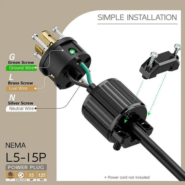 Alt view image 3 of 6 - NEMA L5-15P Locking Plug, Twist Lock Male 15Amp 125Volt Generator Plugs, Industrial Grade Lock in Male 15A/125V Connector, ETL Listed Heavy Duty Plug for Generators Black Color
