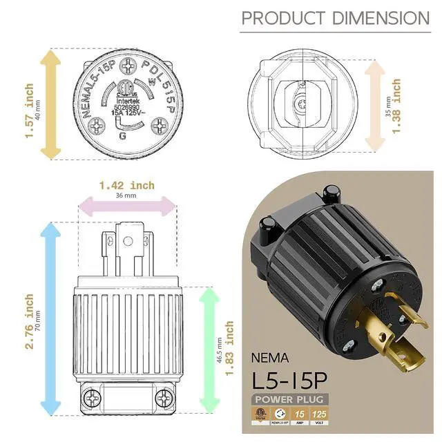 Alt view image 5 of 6 - NEMA L5-15P Locking Plug, Twist Lock Male 15Amp 125Volt Generator Plugs, Industrial Grade Lock in Male 15A/125V Connector, ETL Listed Heavy Duty Plug for Generators Black Color