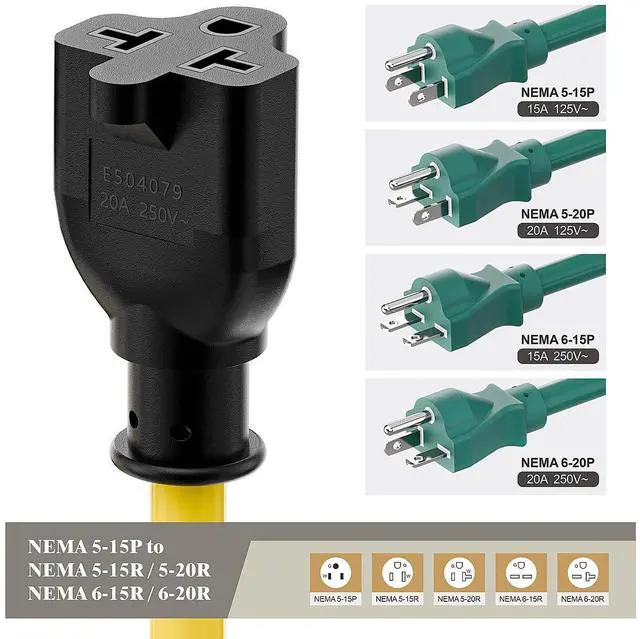 Alt view image 6 of 7 - Right Angle Four-in-One 12AWG Heavy Duty 15 Amp Household AC Plug to 20 Amp T Blade Adapter Cable,5-15P to 5-20R/6-15R/6-20R, 4 in 1,15A 125V to 20A 250V Adapter Cable 6FT