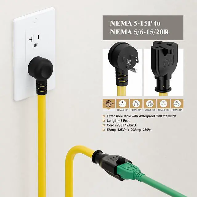 Alt view image 7 of 7 - Right Angle Four-in-One 12AWG Heavy Duty 15 Amp Household AC Plug to 20 Amp T Blade Adapter Cable,5-15P to 5-20R/6-15R/6-20R, 4 in 1,15A 125V to 20A 250V Adapter Cable 6FT