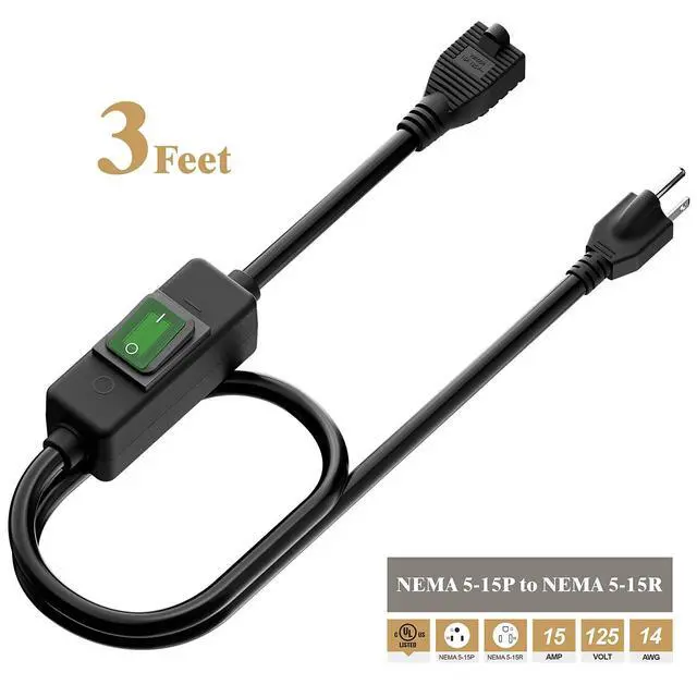 Alt view image 2 of 7 - 3-Feet Waterproof Extension Power Cord, in-Line On-Off Switch Extension Cable, SJTW 14AWG 3C Waterproof,Max.20A 125V Heavy Duty Inline Switch AC Power Cord