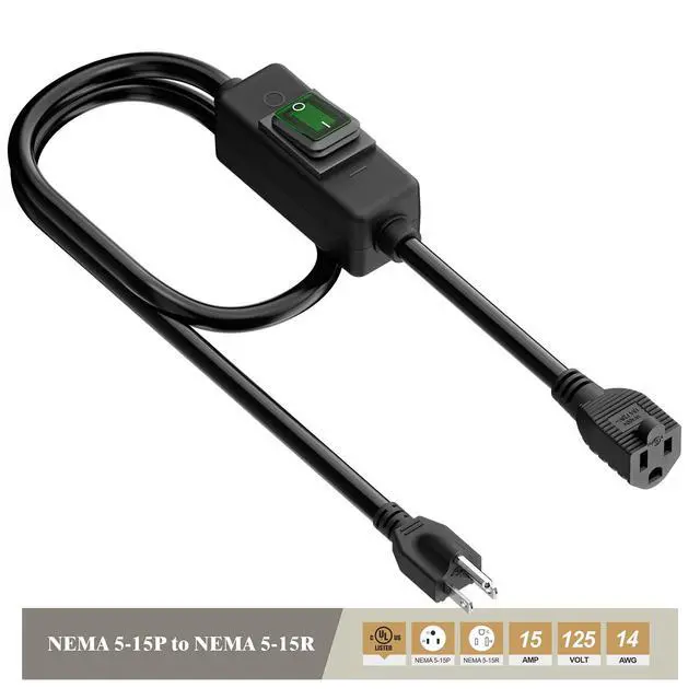 Alt view image 3 of 7 - 3-Feet Waterproof Extension Power Cord, in-Line On-Off Switch Extension Cable, SJTW 14AWG 3C Waterproof,Max.20A 125V Heavy Duty Inline Switch AC Power Cord