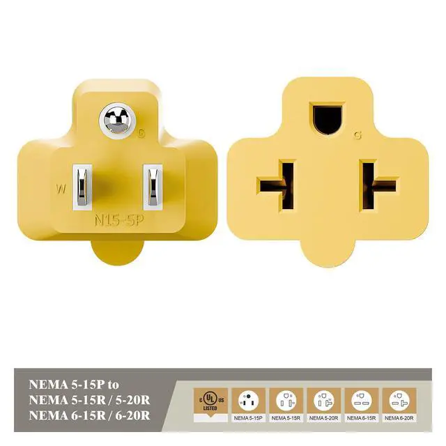 Alt view image 3 of 7 - Nema 15 Amp to 20 Amp Plug Adapter ETL Listed NEMA 5-15P to 5-15/20R (Comb 20Amp T Blade) 15 Amp Household Plug to 20 Amp T-Blade AC Power Adapter Yellow