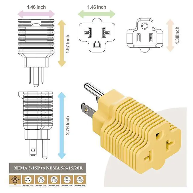Alt view image 4 of 7 - Nema 15 Amp to 20 Amp Plug Adapter ETL Listed NEMA 5-15P to 5-15/20R (Comb 20Amp T Blade) 15 Amp Household Plug to 20 Amp T-Blade AC Power Adapter Yellow