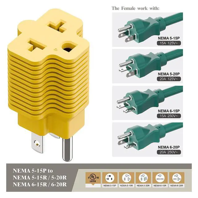 Alt view image 7 of 7 - Nema 15 Amp to 20 Amp Plug Adapter ETL Listed NEMA 5-15P to 5-15/20R (Comb 20Amp T Blade) 15 Amp Household Plug to 20 Amp T-Blade AC Power Adapter Yellow