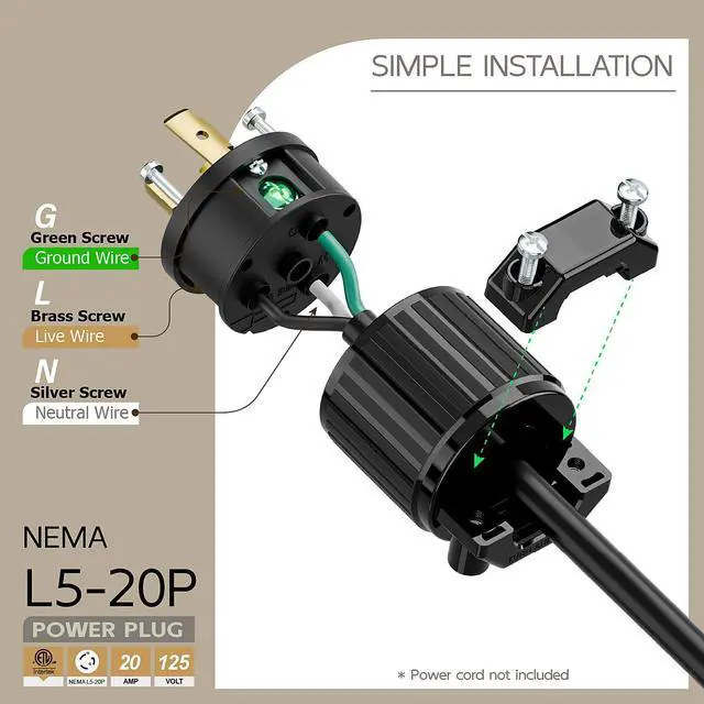 Alt view image 3 of 6 - Nema L5-20P 20 Amp 125 Volt Connector, L5-20 Locking Power Cord Connector 2P 3W, Locking Plug, Industrial Grade DIY Twist-Lock Cord Male Plug Black Color