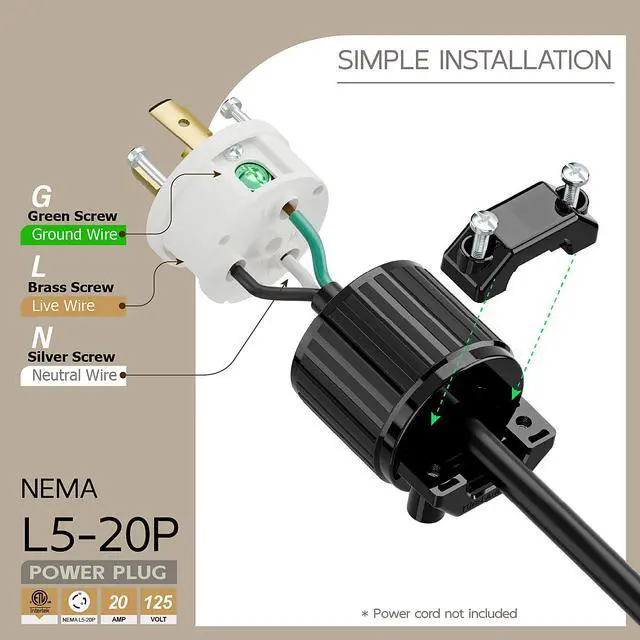 Alt view image 3 of 6 - Nema L5-20P 20 Amp 125 Volt Connector, L5-20 Locking Power Cord Connector 2P 3W, Locking Plug, Industrial Grade DIY Twist-Lock Cord Male Plug
