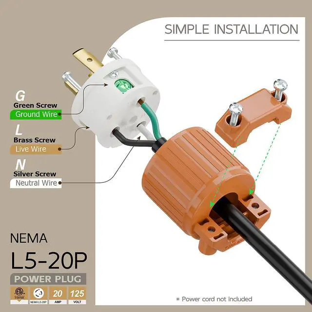 Alt view image 3 of 6 - Nema L5-20P 20 Amp 125 Volt Connector, L5-20 Locking Power Cord Connector 2P 3W, Locking Plug, Industrial Grade DIY Twist-Lock Cord Male Plug Orange Color