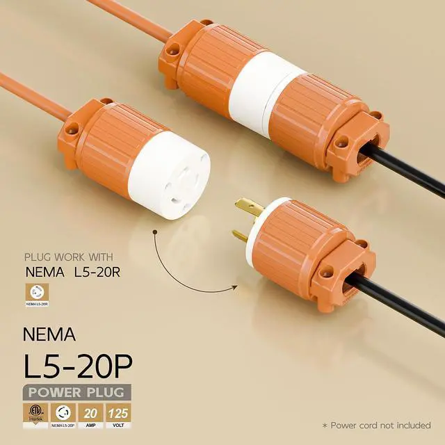 Alt view image 2 of 6 - Nema L5-20P 20 Amp 125 Volt Connector, L5-20 Locking Power Cord Connector 2P 3W, Locking Plug, Industrial Grade DIY Twist-Lock Cord Male Plug Orange Color