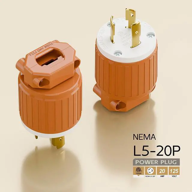 Alt view image 4 of 6 - Nema L5-20P 20 Amp 125 Volt Connector, L5-20 Locking Power Cord Connector 2P 3W, Locking Plug, Industrial Grade DIY Twist-Lock Cord Male Plug Orange Color