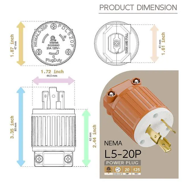 Alt view image 5 of 6 - Nema L5-20P 20 Amp 125 Volt Connector, L5-20 Locking Power Cord Connector 2P 3W, Locking Plug, Industrial Grade DIY Twist-Lock Cord Male Plug Orange Color