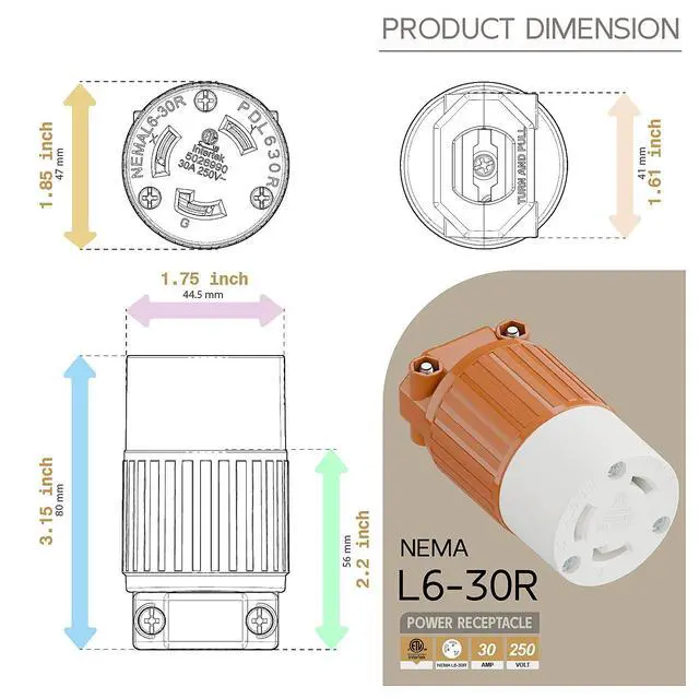 Alt view image 5 of 6 - Nema L6-30R 30 Amp 250 Volt Connector, L6-30 Locking Power Cord Connector 2P 3W, Locking Plug, Industrial Grade DIY Twist-Lock Cord Connector Orange Color