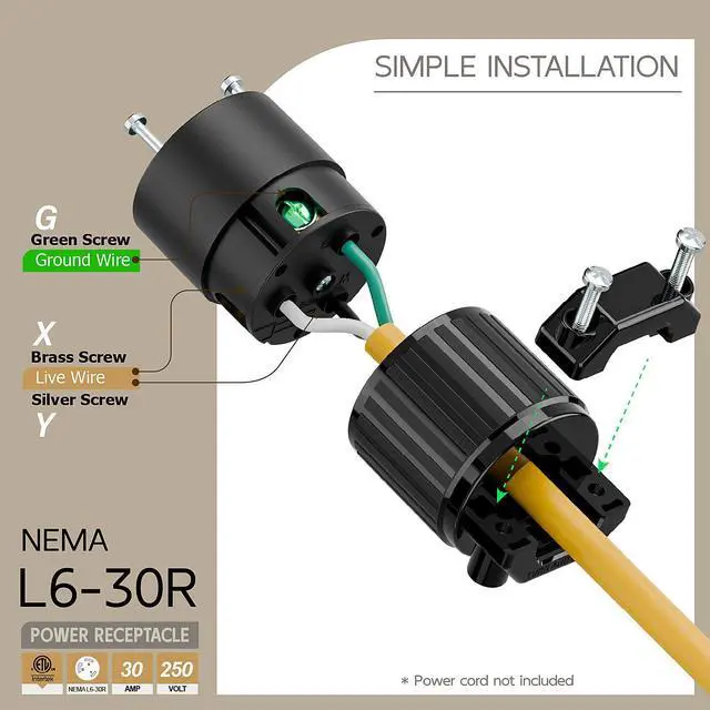Alt view image 3 of 6 - Nema L6-30R 30 Amp 250 Volt Connector, L6-30 Locking Power Cord Connector 2P 3W, Locking Plug, Industrial Grade DIY Twist-Lock Cord Connector Black Color