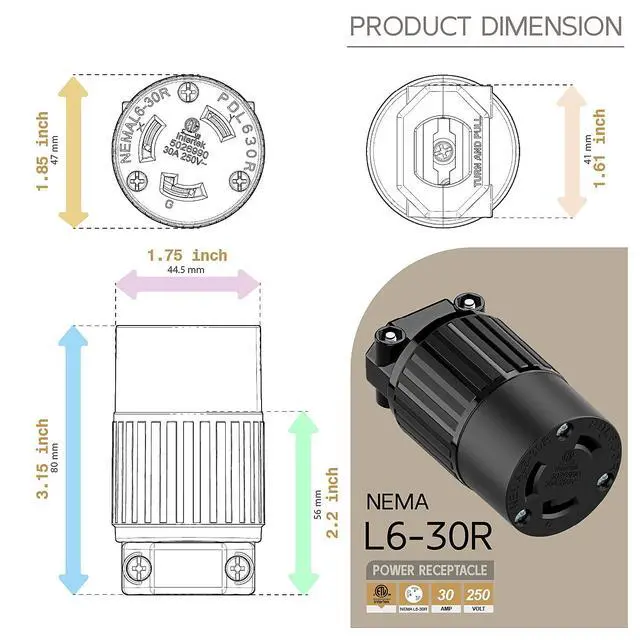Alt view image 5 of 6 - Nema L6-30R 30 Amp 250 Volt Connector, L6-30 Locking Power Cord Connector 2P 3W, Locking Plug, Industrial Grade DIY Twist-Lock Cord Connector Black Color