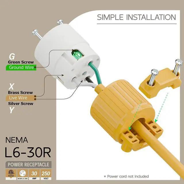 Alt view image 3 of 6 - Nema L6-30R 30 Amp 250 Volt Connector, L6-30 Locking Power Cord Connector 2P 3W, Locking Plug, Industrial Grade DIY Twist-Lock Cord Connector Yellow Color
