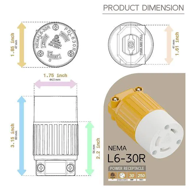 Alt view image 5 of 6 - Nema L6-30R 30 Amp 250 Volt Connector, L6-30 Locking Power Cord Connector 2P 3W, Locking Plug, Industrial Grade DIY Twist-Lock Cord Connector Yellow Color
