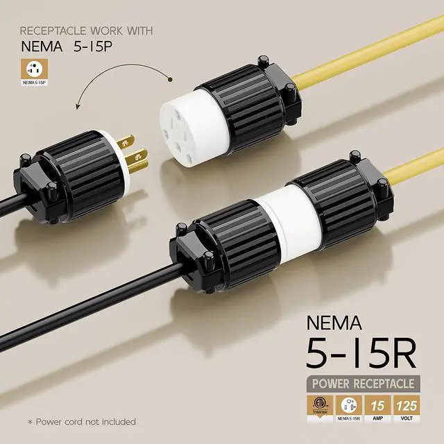 Alt view image 2 of 6 - Nema 5-15R/5-15C Female Socket, ETL Listed 15AMP/125VOLT,15A Straight DIY Receptacle, USA Canada 3-Prong Connector, 15A Household AC Industrial Grade Cord End Socket Black and White