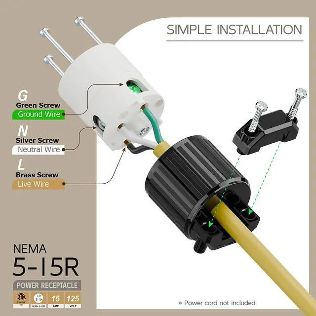 Alt view image 3 of 6 - Nema 5-15R/5-15C Female Socket, ETL Listed 15AMP/125VOLT,15A Straight DIY Receptacle, USA Canada 3-Prong Connector, 15A Household AC Industrial Grade Cord End Socket Black and White