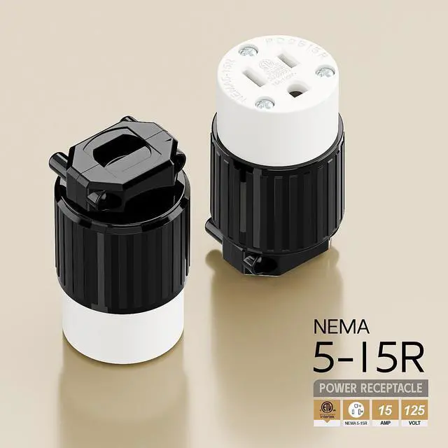 Alt view image 4 of 6 - Nema 5-15R/5-15C Female Socket, ETL Listed 15AMP/125VOLT,15A Straight DIY Receptacle, USA Canada 3-Prong Connector, 15A Household AC Industrial Grade Cord End Socket Black and White