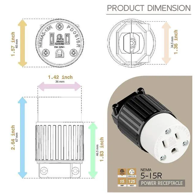 Alt view image 5 of 6 - Nema 5-15R/5-15C Female Socket, ETL Listed 15AMP/125VOLT,15A Straight DIY Receptacle, USA Canada 3-Prong Connector, 15A Household AC Industrial Grade Cord End Socket Black and White