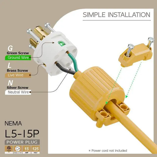 Alt view image 3 of 6 - NEMA L5-15P Twist Lock Male Plug, ETL/cETL Listed 15A 125V Rewireable Generator Connector, UL94-V0 Nylon Brass, Fits 12/14/16AWG SJT/SVT Cord, Yellow Industrial Plug