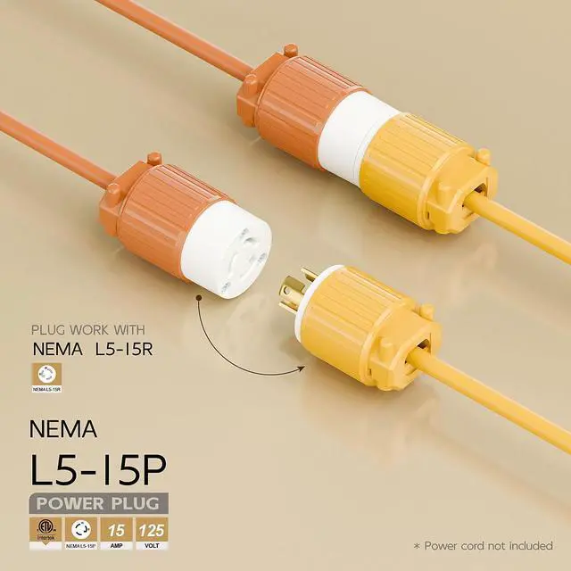 Alt view image 2 of 6 - NEMA L5-15P Twist Lock Male Plug, ETL/cETL Listed 15A 125V Rewireable Generator Connector, UL94-V0 Nylon Brass, Fits 12/14/16AWG SJT/SVT Cord, Yellow Industrial Plug