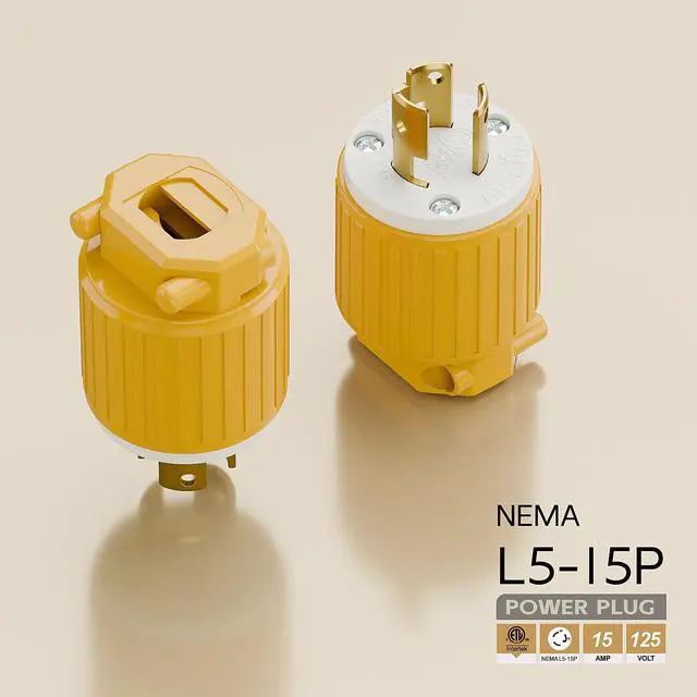 Alt view image 4 of 6 - NEMA L5-15P Twist Lock Male Plug, ETL/cETL Listed 15A 125V Rewireable Generator Connector, UL94-V0 Nylon Brass, Fits 12/14/16AWG SJT/SVT Cord, Yellow Industrial Plug
