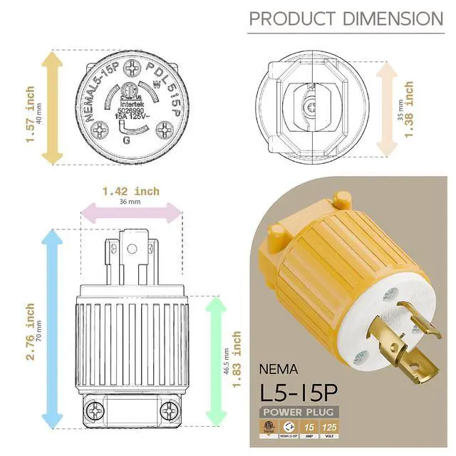 Alt view image 5 of 6 - NEMA L5-15P Twist Lock Male Plug, ETL/cETL Listed 15A 125V Rewireable Generator Connector, UL94-V0 Nylon Brass, Fits 12/14/16AWG SJT/SVT Cord, Yellow Industrial Plug