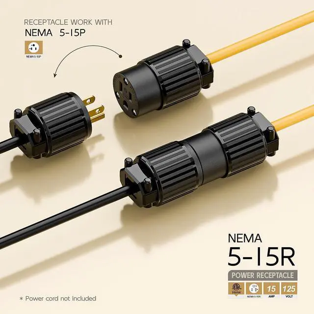 Alt view image 2 of 6 - Nema 5-15R/5-15C Female Socket, ETL Listed 15AMP/125VOLT,15A Straight DIY Receptacle, USA Canada 3-Prong Connector, 15A Household AC Industrial Grade Cord End Socket Black Color