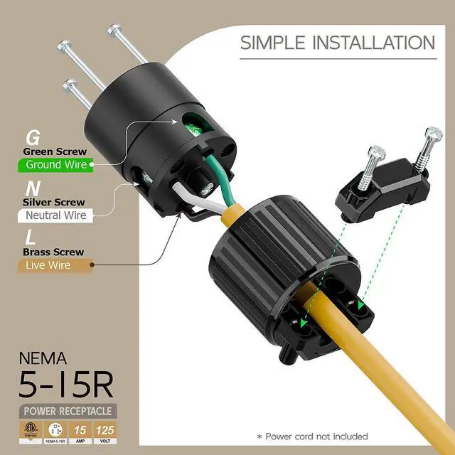 Alt view image 3 of 6 - Nema 5-15R/5-15C Female Socket, ETL Listed 15AMP/125VOLT,15A Straight DIY Receptacle, USA Canada 3-Prong Connector, 15A Household AC Industrial Grade Cord End Socket Black Color
