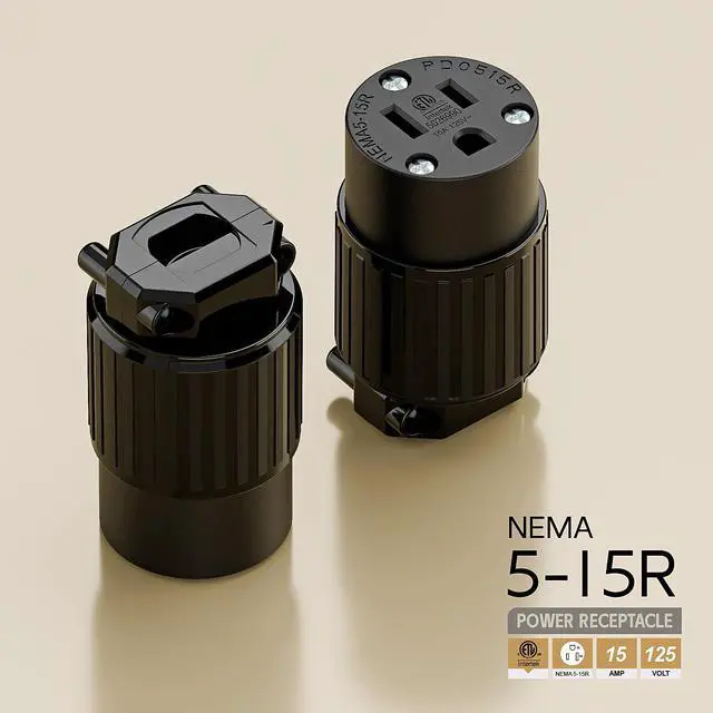 Alt view image 4 of 6 - Nema 5-15R/5-15C Female Socket, ETL Listed 15AMP/125VOLT,15A Straight DIY Receptacle, USA Canada 3-Prong Connector, 15A Household AC Industrial Grade Cord End Socket Black Color